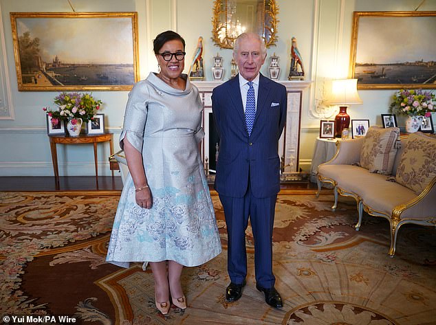 King Charles is continuing private audiences as he undergoes cancer treatment. Above: With Commonwealth Secretary General Baroness Scotland of Asthal at Buckingham Palace last week