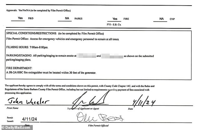 A film permit application exclusively obtained by DailyMail.com shows filming in two separate locations