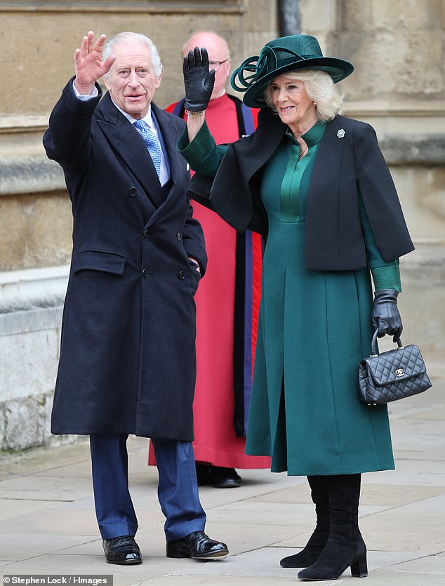 The King and Queen waved as they arrive at St George's Chapel in Windsor earlier. They were seated away from members of the public