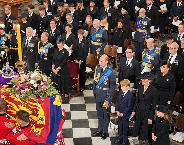 Fergie has said she spoke to Meghan at the Queen's funeral in September, adding she 'looked beautiful' (pictured second row, far left, Meghan, and second row, far right, Sarah)