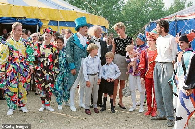 Prince Harry with his brother Prince William and mother Princess Diana enjoying a day at Le Cirque du Soleil, August 1990