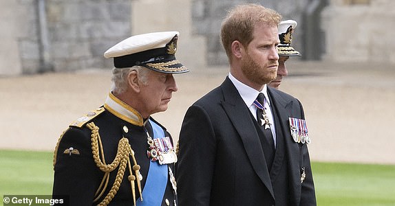 WINDSOR, ENGLAND - SEPTEMBER 19: King Charles III and Prince Harry, Duke of Sussex inside Windsor Castle on September 19, 2022 in Windsor, England. The committal service at St George's Chapel, Windsor Castle, took place following the state funeral at Westminster Abbey. A private burial in The King George VI Memorial Chapel followed. Queen Elizabeth II died at Balmoral Castle in Scotland on September 8, 2022, and is succeeded by her eldest son, King Charles III. (Photo by David Rose - WPA Pool/Getty Images)