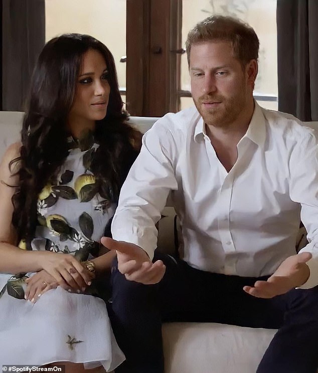 Meghan wore the same print and designer for her first appearance after quitting the royal family. Pictured: Duchess of Sussex and Prince Harry at Spotify event