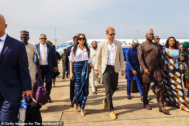 Prince Harry, Duke of Sussex and Meghan, Duchess of Sussex arrive at the Lagos airport for Official State Welcome on May 12