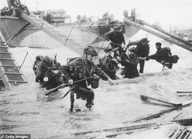 Troops from the 48th Royal Marines at Saint-Aubin-sur-mer on Juno Beach, Normandy, June 6