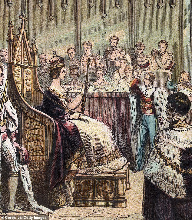 The young woman's first action as queen was to exile her mother to a distant set of apartments as Victoria had never had a room to herself before. Above: A depiction of Victoria's Coronation