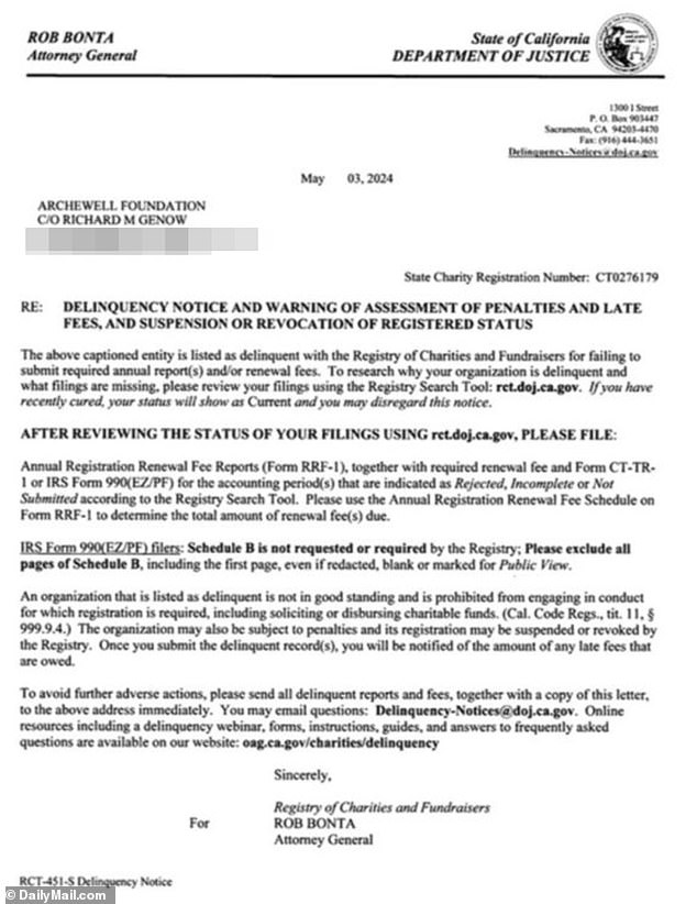 A delinquency notice letter was sent to the Archewell Foundation on May 3 saying the charity is "listed as delinquent" for "failing to submit required annual report(s) and/or renewal fees"