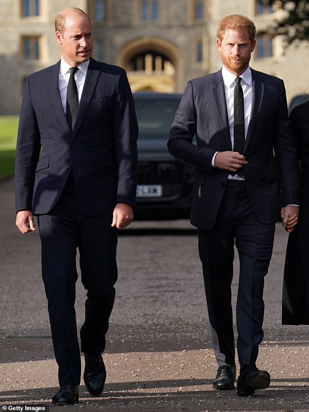 Today, princes William and Harry seem as far apart as brothers can be ¿ living on different continents, barely communicating, and separated by a great divide in the Royal Family. Above: In a rare moment of putting aside their differences, the brothers walk side by side as they meet the public at Windsor following the death of the Queen in September 2022