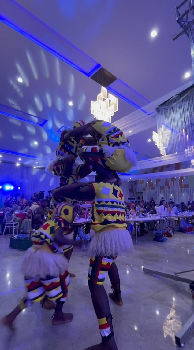 A group of dancers provided the entertain for the lunch event attended by the Duke and Duchess in Nigeria on Saturday