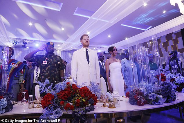 Prince Harry and Meghan Markle stand for God Save The King in Abuja, Nigeria during an event with Nigeria Unconquered