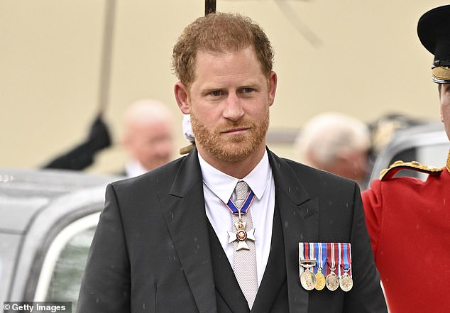 It is claimed that Prince Harry made a 'civilised agreement' with Hugh not to attend his wedding. Pictured: The Duke of Sussex at Westminster Abbey on May 6 for the Coronation of King Charles III