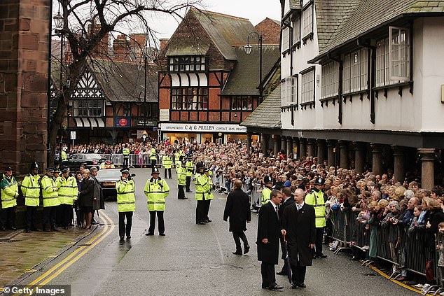 Crowds are expected to line the streets on the big day just as they did for Hugh's sister's wedding in 2004. Pictured: Scores of people look on outside Chester Cathedral for the wedding of Lady Tamara Grosvenor in November 2004