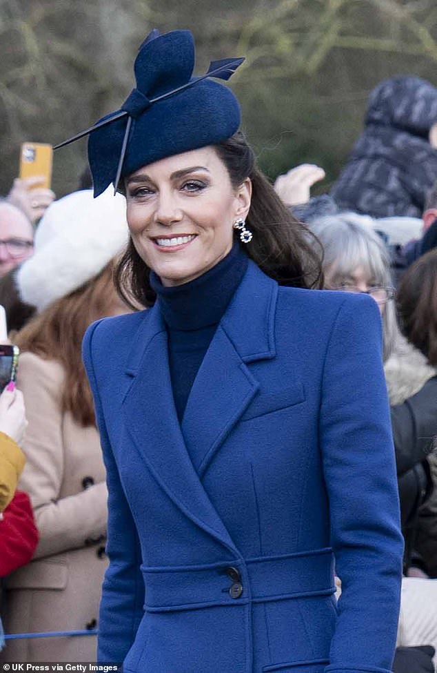 Princess Catherine is also not expected to attend as she continues her recovery from chemotherapy after being diagnosed with cancer earlier this year. Pictured: The Princess of Wales at the Christmas Day service in Sandringham, Norfolk, last year