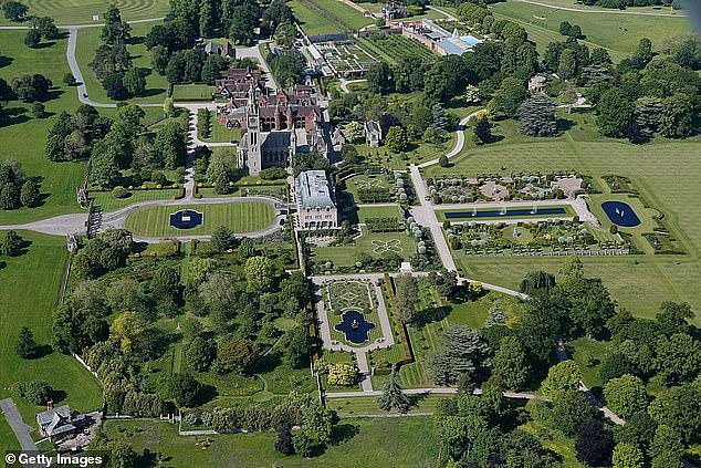 After the wedding service at Chester Cathedral, guests will then enjoy a grand reception at nearby Eaton Hall. Pictured: An aerial view of Eaton Hall in Cheshire