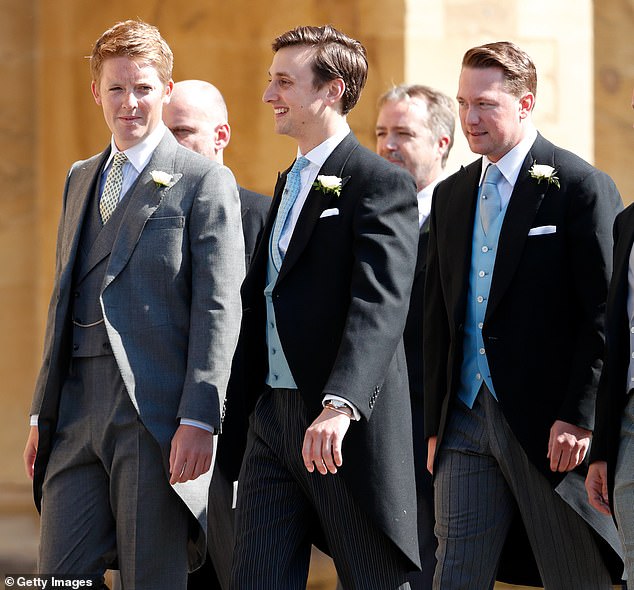 Hugh Grosvenor, Duke of Westminster, Charlie van Straubenzee and Arthur Landon attend the wedding of Prince Harry to Ms Meghan Markle at St George's Chapel, Windsor Castle