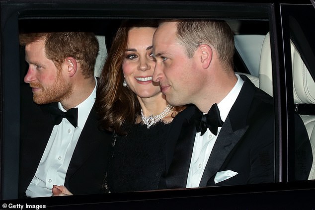 Prince Harry, Catherine, Duchess of Cambridge and Prince William, Duke of Cambridge arrive at Windsor Castle to attend Queen Elizabeth II's and Prince Philip's wedding anniversary dinner