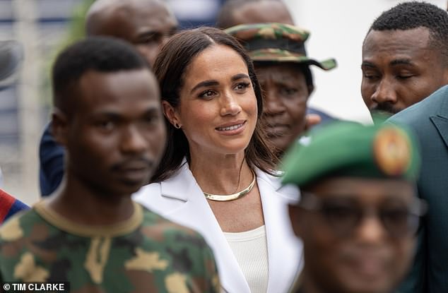 The Duchess of Sussex at Nigeria's Defence Headquarters in Abuja this afternoon