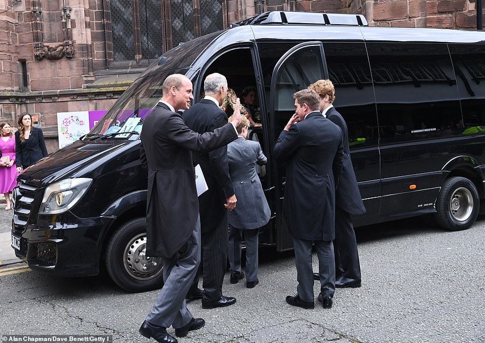 Prince William waves at the crowds after performing as an usher at his friend the Duke of Westminster's wedding