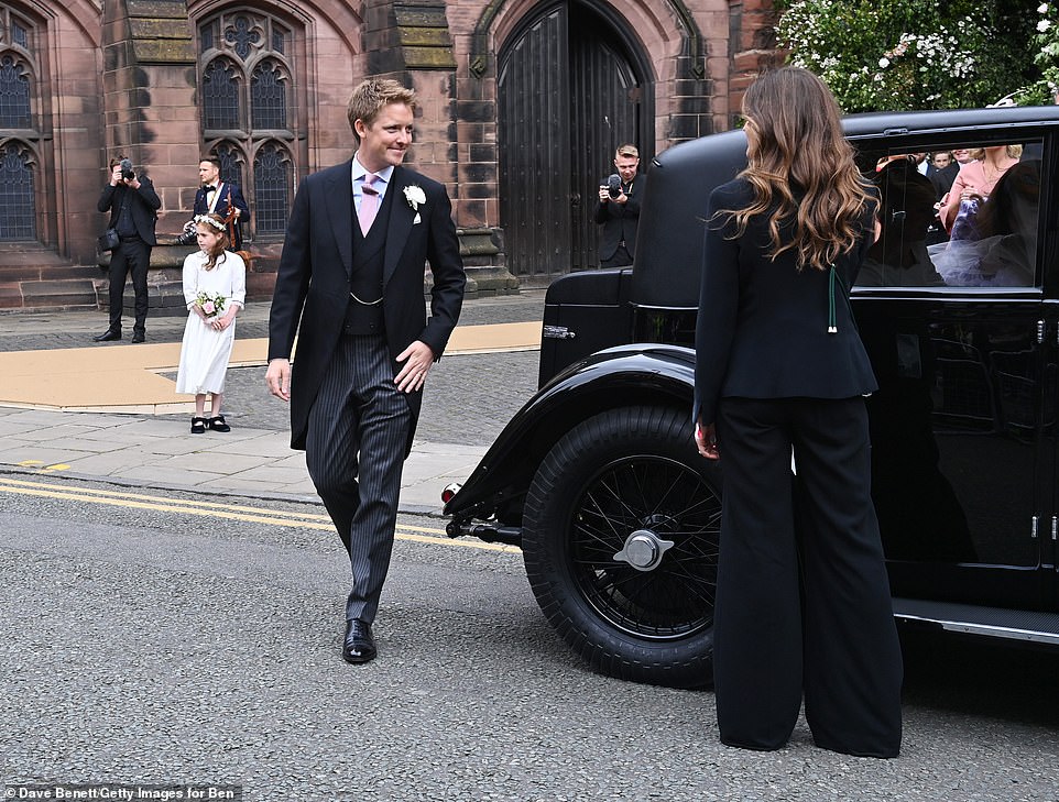 The 7th Duke (pictured leaving the ceremony), universally known as 'Hughie' to aristocratic friends, is estimated to be worth £10.42billion, making him the richest man under 40 in Britain