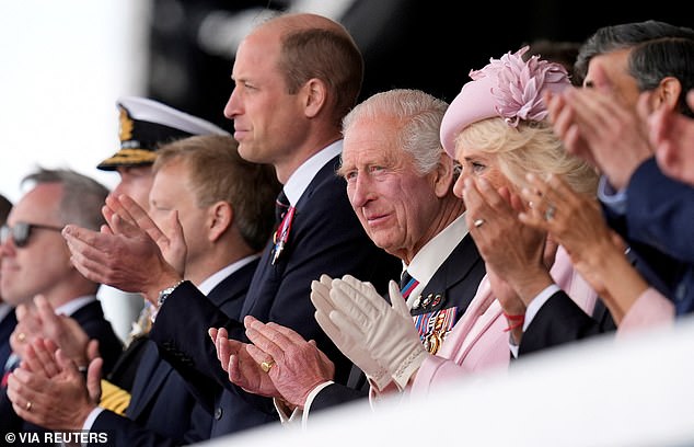 Prince William, King Charles III and Queen Camilla during the UK's national commemorative event for the 80th anniversary of D-Day, in Portsmouth on June 5