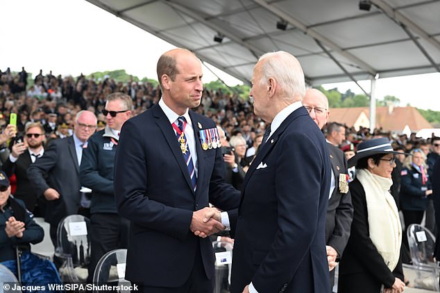 William has been front and centre representing Britain during D-Day commemorations in France this week (pictured with US president Joe Biden)