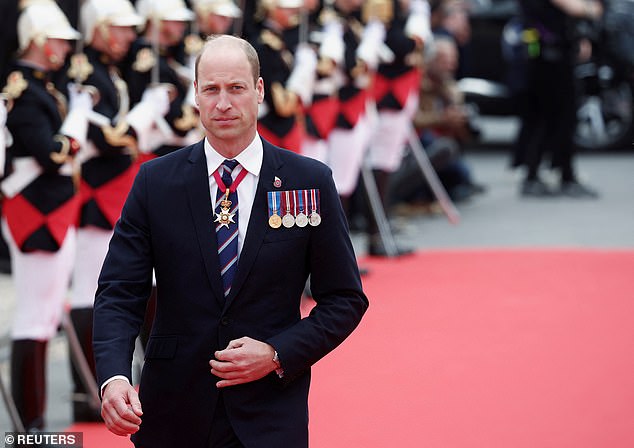 William looked every part the statesman as he deputised for his father in Normandy (pictured)