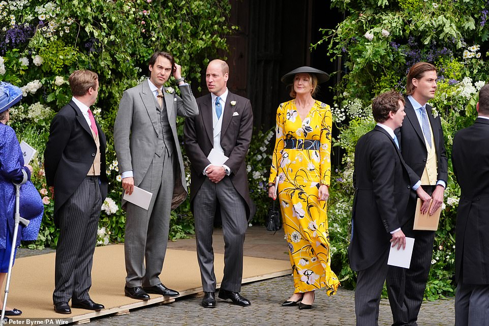 William, dressed like others in morning suit, smiled as he exited a black minibus to head towards the building. Guests joined the long queue snaking into the Cathedral, waiting to be shown to their seats by Prince William and the other ushers. Harry, who would have been expected to attend today's service, has chosen instead to stay in California . Miss Henson arrived at the Cathedral just before noon in a vintage 1930 8-litre Bentley owned by the Grosvenor estate.