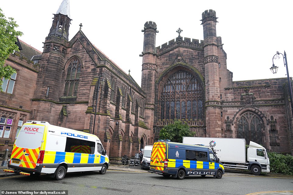 At around 12.30pm, two silver-haired Just Stop Oil fanatics threatened to ruin the joyous occasion by using fire extinguishers to spray powder paint in the direction of the wedding party, which included the Prince of Wales, as they left Chester Cathedral. The protesters were quickly removed from the crowd by police as onlookers booed. They were named by JSO as Polly, 73, a care worker from Norfolk, and Sheila, 69, a former NHS nurse from Bristol. Barbara Williams, 81, from Cheshire, who was standing next to the protesters in the crowd, said: 'I feel a bit shaken after it. We were standing next to them all day.'