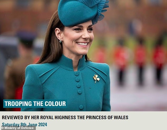 It comes after the Army removed a claim made in March on its website that Kate would be appearing at Trooping the Colour (pictured) and had begun selling tickets