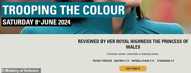 Tickets had gone on sale via the Army website in March advertising Kate reviewing a 'practice' parade for the first time on June 8 in her role as honorary colonel of the Irish Guards