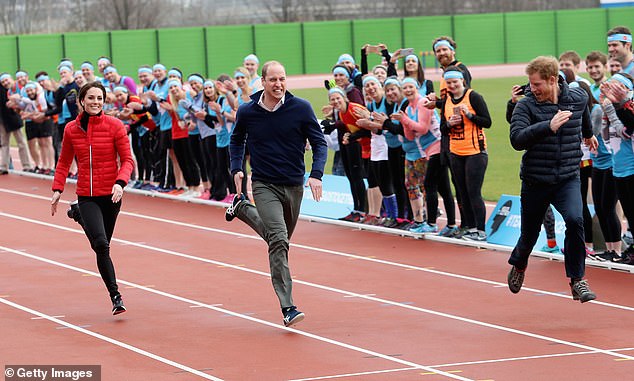 Showing her competitive streak, the princess sprinted down the track in a red quilted jacket, black jeans and trainers