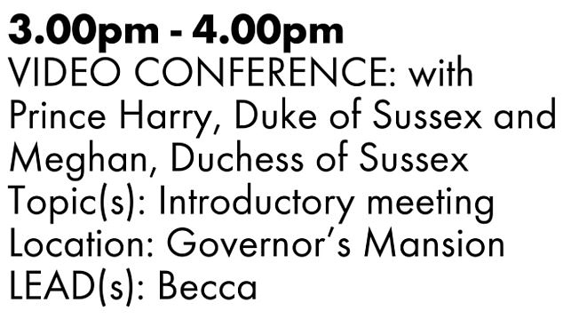 The Sussexes took part in a virtual hour-long meeting with the Democratic governor on October 19, 2020, according to a memo obtained by The Sun (above)