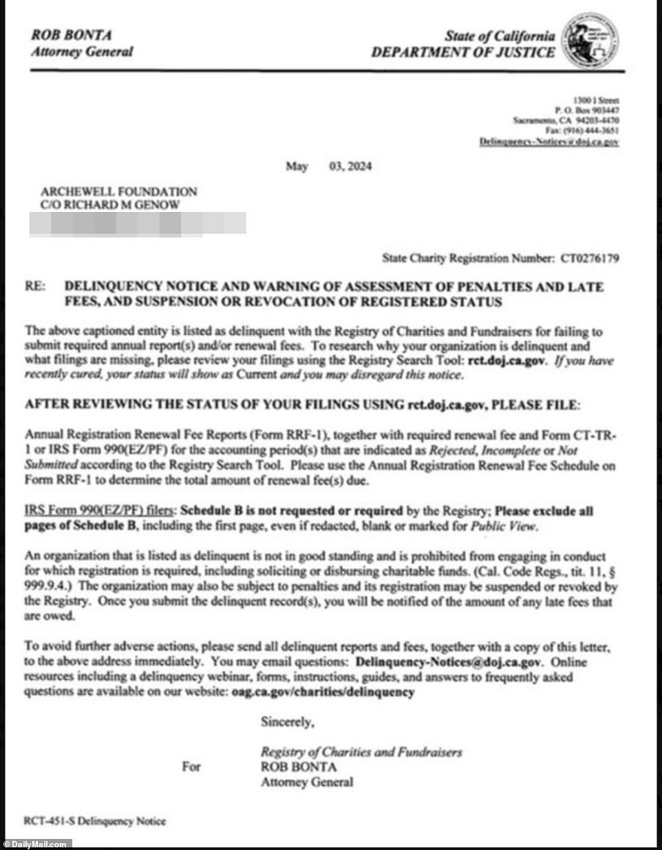 The registry said Archewell failed to properly submit its annual report or renewal fees and has banned it from either fundraising or distributing charitable funds for now. But Sussex sources insist the paperwork was filed on time, with the discrepancy down to a 'cheque' which accompanied the documents going missing in the post. They also maintain that 'a new cheque has been mailed', which should mean the issue will be 'quickly resolved' - but the revelation will likely cause embarrassment.