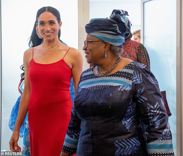 Megan chose a bright red midi dress with a ruffled hem and spaghetti straps for her appearance at a Women in Leadership event in Abuja