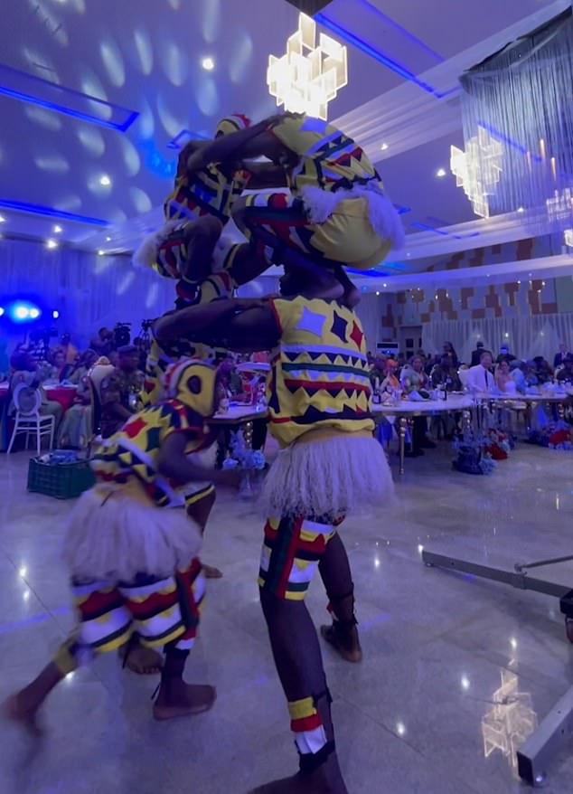 A group of dancers provided the entertain for the lunch event attended by the Duke and Duchess in Nigeria on Saturday