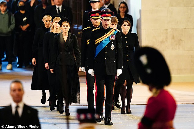 For her moving appearance with her cousins for their vigil alongside the coffin of Queen Elizabeth II in Westminster Hall in September 2022, Beatrice chose a black Self-Portrait frock with a JBH Millinery headband, Jimmy Choo pumps and a Fiona Kotur clutch