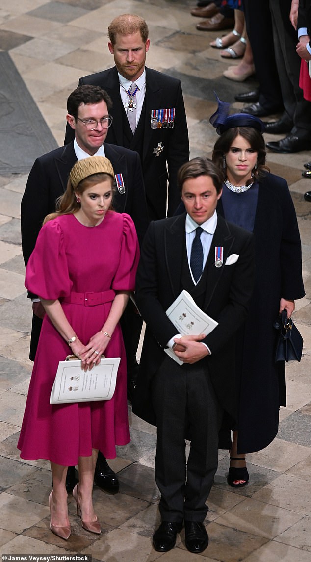 Prince Harry, Princess Eugenie, Jack Brooksbank, Princess Beatrice, Edoardo Mapelli Mozzi are pictured in Westminster Abbey during the Coronation of King Charles III in May, 2023