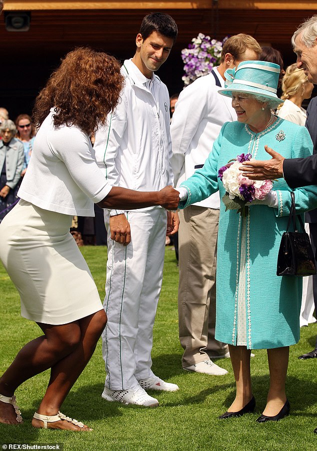 For her last appearance at Wimbledon in 2010, the Queen wore not only her triple strand pearl necklaces and pearl earrings, but her pearl and diamond Trefoil Brooch - one of her favourites. Above: Meeting tennis great Serena Williams during her final visit