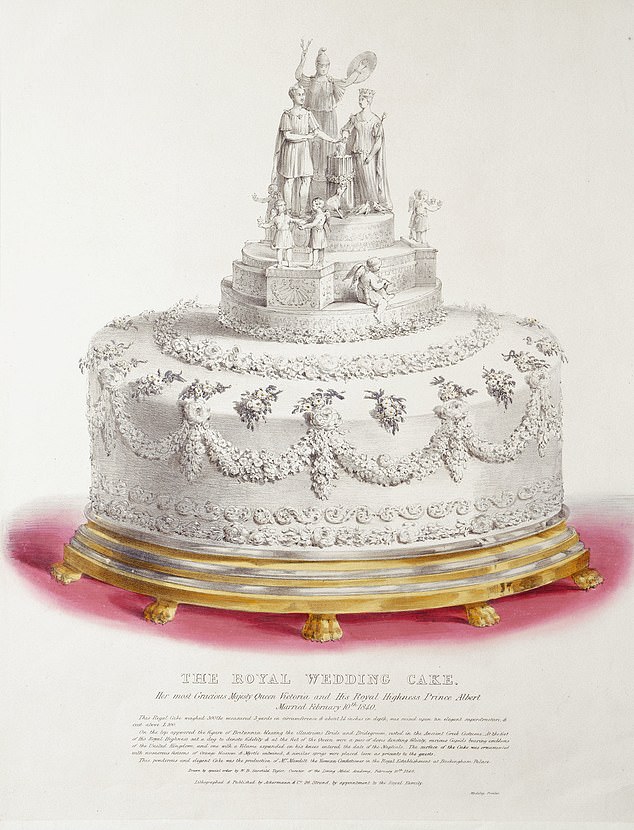 One of the cakes produced for the wedding of Queen Victoria and Prince Albert, as shown in a  hand-coloured lithograph