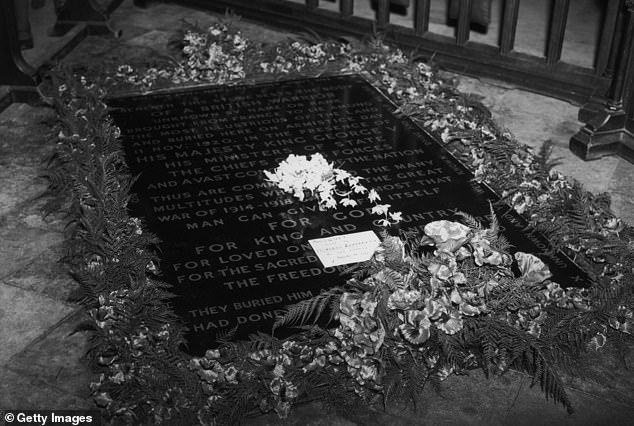 Princess Elizabeth's wedding bouquet of orchids lying on the tomb of the Unknown Warrior at Westminster Abbey, 1947