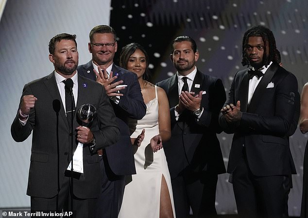 Members of the Buffalo Bills American football team accepting the Pat Tillman Award for Service. Training staff revived a dying player on the field