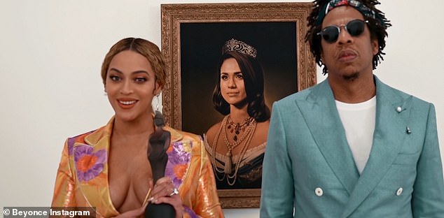 In a spoof of their Apes**t video which showed Beyoncé and Jay Z standing in front of the Mona Lisa at the Louvre, the superstar couple posed in front of a portrait of Meghan Markle wearing a crown