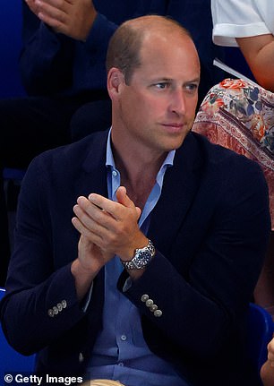 The Prince of Wales's prize possession that he will never leave home without is an Omega Seamaster Professional. Above: William wearing the watch as he observes the swimming competition at the Sandwell Aquatics Centre during the 2022 Commonwealth Games