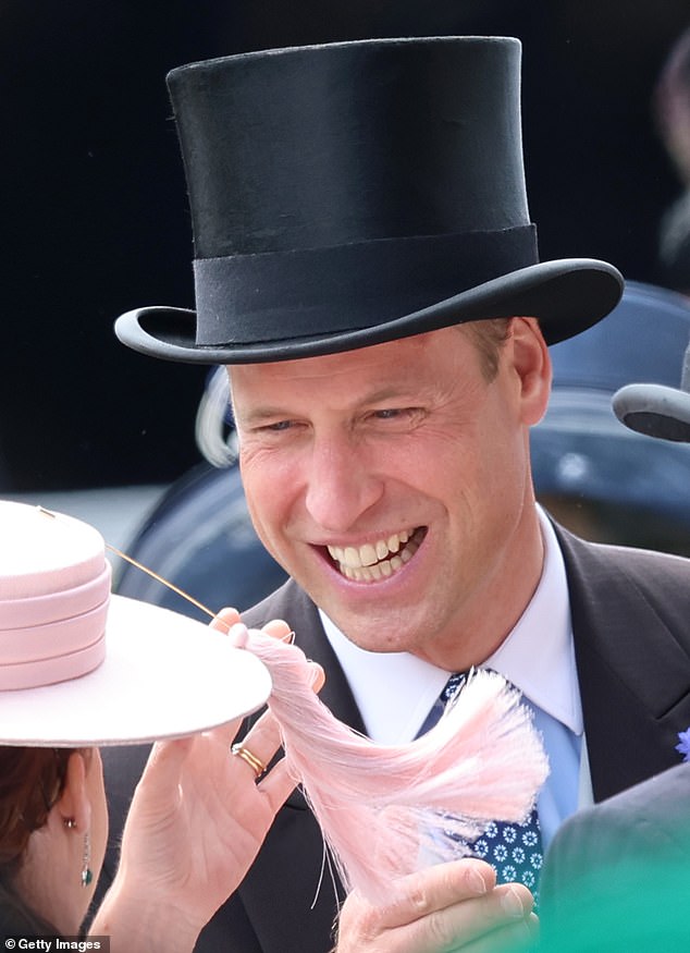 The Prince of Wales grinned playfully at Eugenie who attempted to cling onto her thick pink tassel