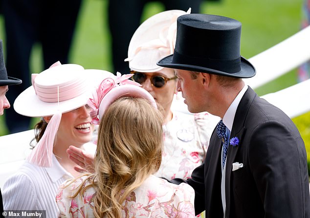 Prince William (right) shared a joke with his younger cousin, Princess Eugenie (left), on the second day at the Royal Ascot