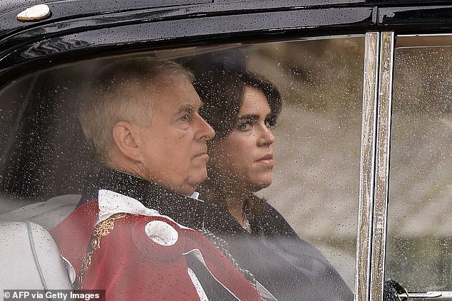 Britain's Prince Andrew, Duke of York and Britain's Princess Eugenie of York arrive at Westminster Abbey in central London on May 6, 2023