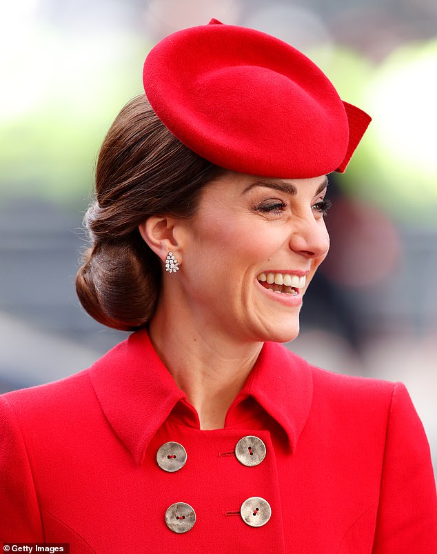 When styling her elegant updos, Kate often opts for a hairnet to keep her locks secure. Above: Kate wearing a hairnet attending the Commonwealth Day service at Westminster Abbey in March 2019