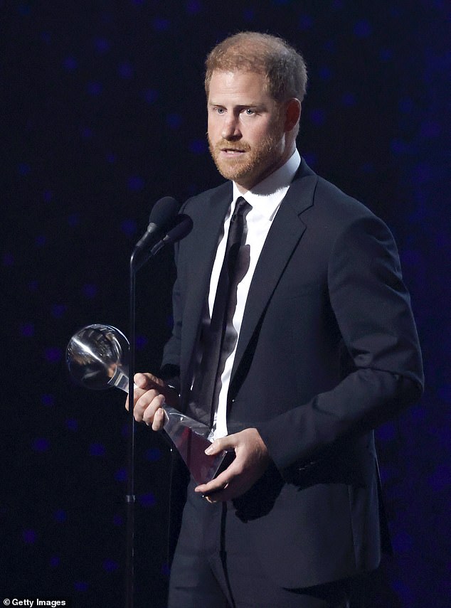 Harry gracefully accepted the award at the ceremony despite receiving scrutiny as this year's Pat Tillman Award winner