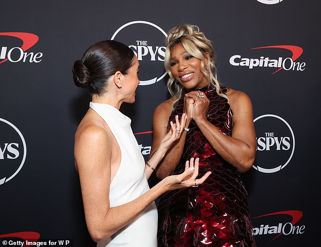 Williams has grown close to Meghan Markle in recent years, and their friendship was on show at the event as the tennis star joked that her thunder would be stolen by the royal couple 'breathing too much oxygen'