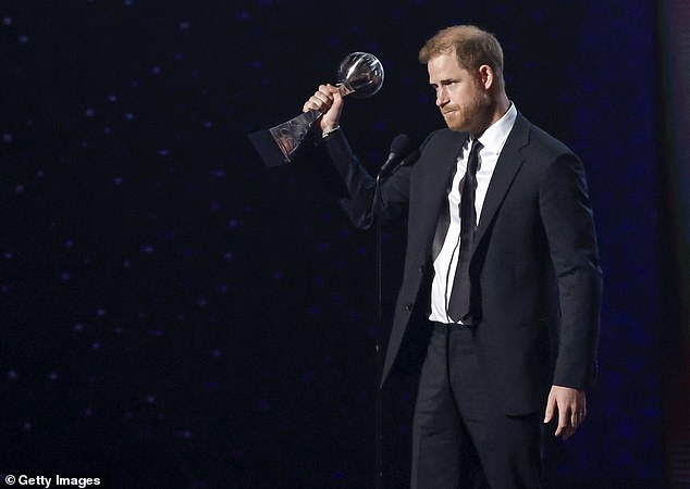 Prince Harry used his acceptance speech after receiving his award to praise the Pat Tillman Foundation and said he was there 'as a voice on behalf of the Invictus Games Foundation'